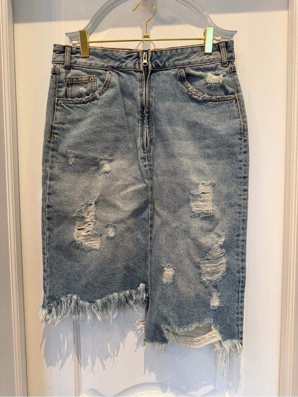 Zara Distressed Light Blue Denim Midi Skirt
